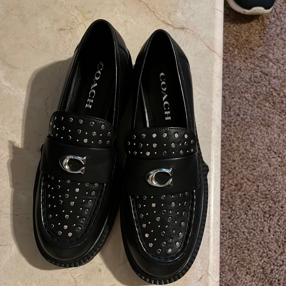 Size 7 Coach Leela Stud Leather Black Loafers. Brand new, never worn.